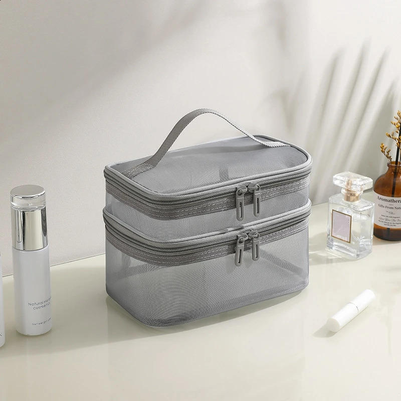 Grey double-layer mesh makeup bag womens portable makeup box large capacity travel zipper makeup organizer makeup box 250410