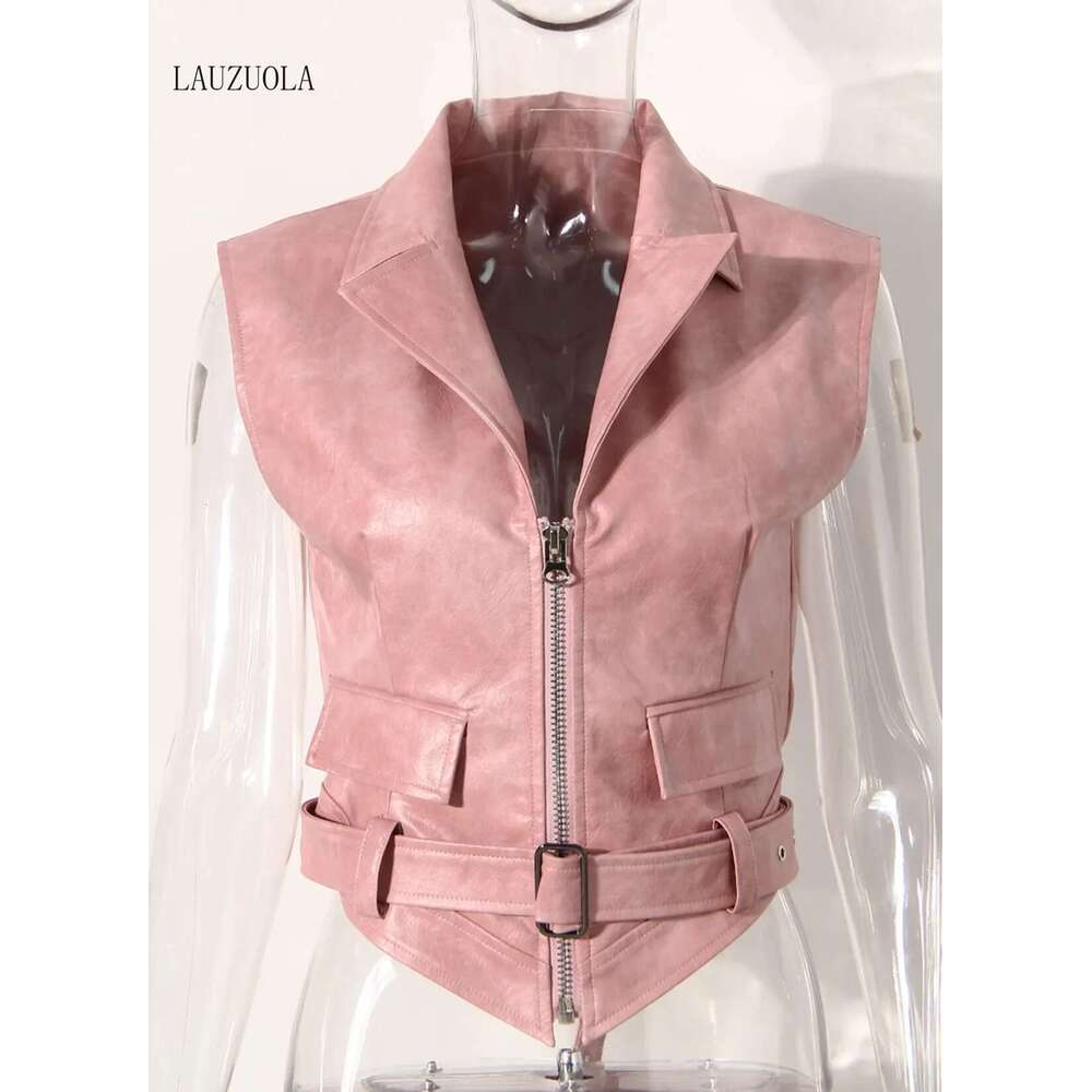 Two Piece Women Drawstring Cropped Jacket And PU Faux Leather Sleeveless Vest Matching Sets 2024 Autumn Winter Fashion Outerwear