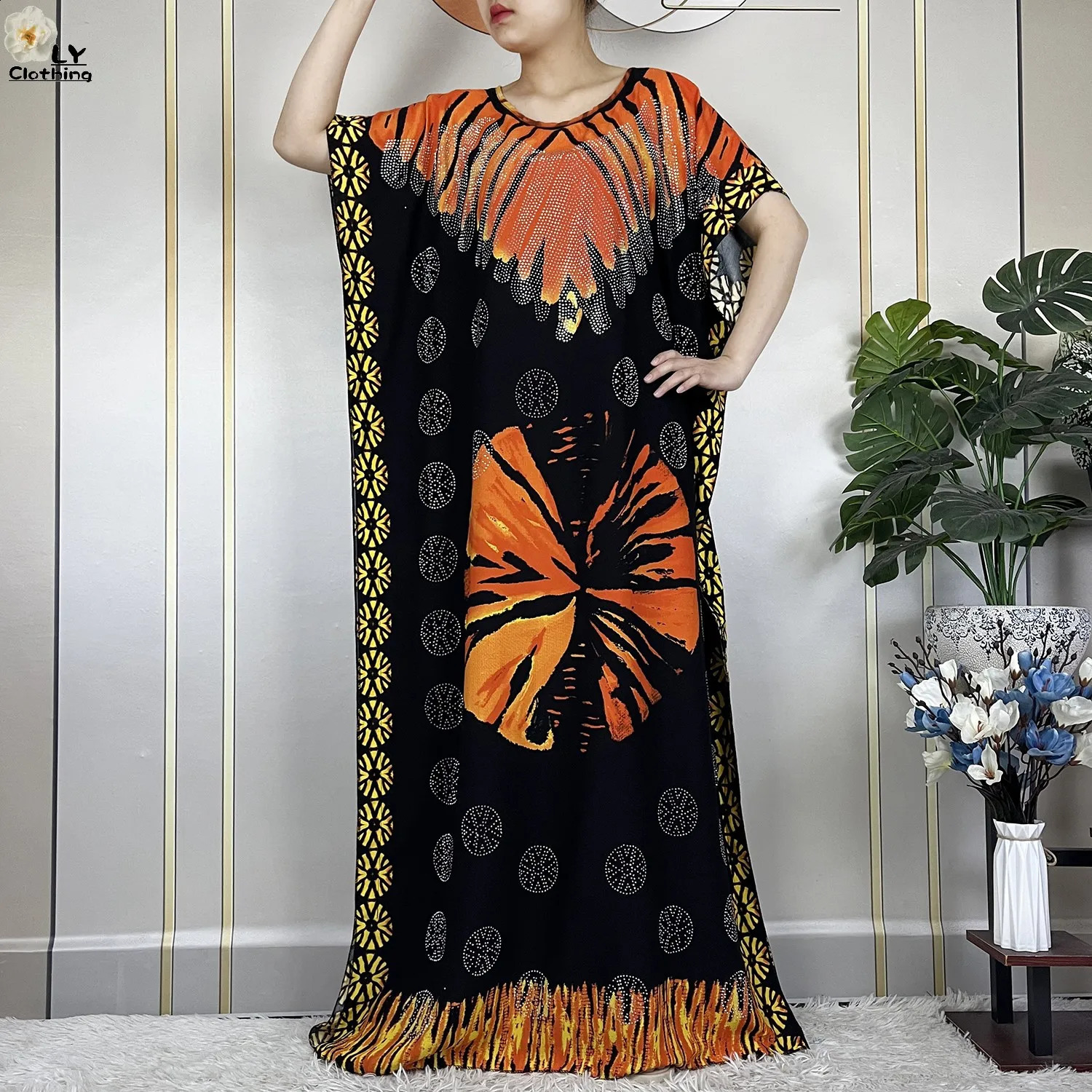 Latest African Womens Summer Short sleeved Dubai Kaftan Diamond Printed Cotton Maxi Muslim Loose Dress with Scarf 250411