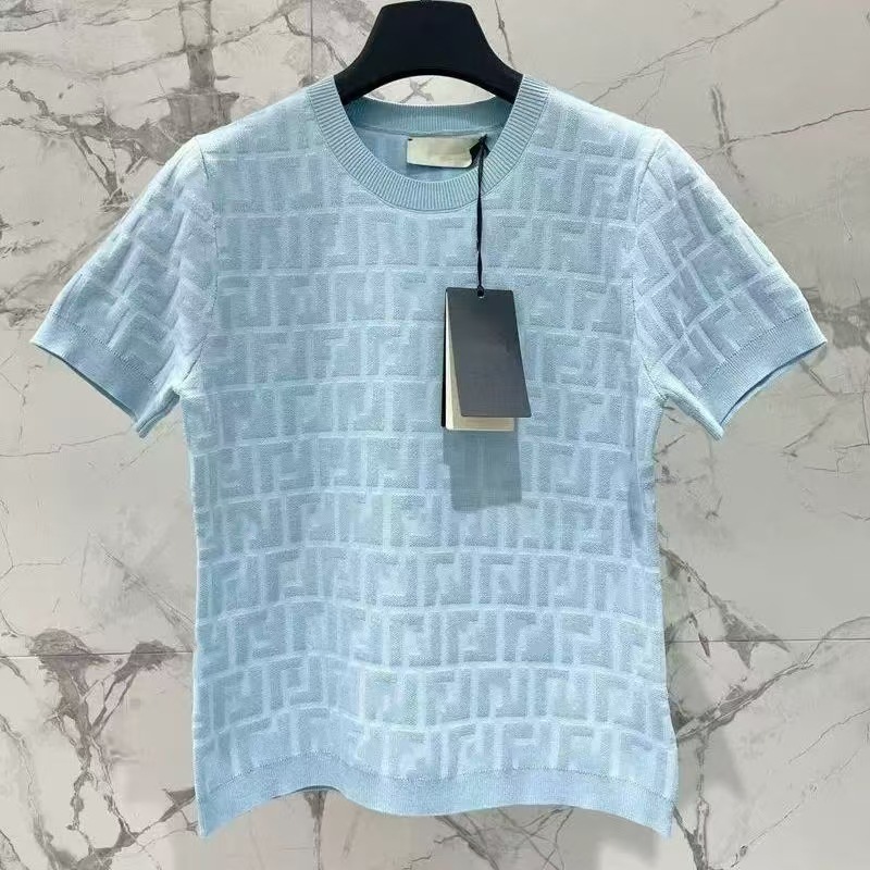 Women's Summer Jacquard Knit Top with Contrasting Colors - Round Neck, Short Sleeves, Wide Board Design