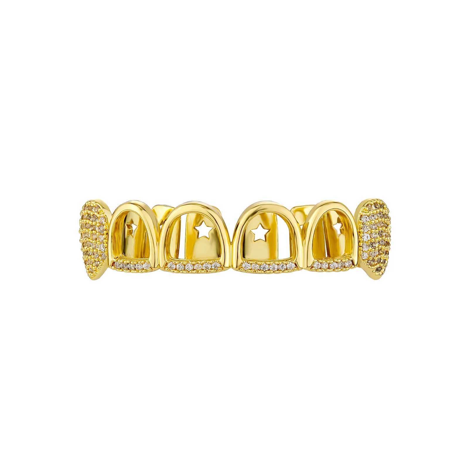 14K gold-plated hip-hop 4/4 hollow zircon teeth Grilz suitable for women and men CZ stone tooth cap body jewelry star tooth sheath W250412