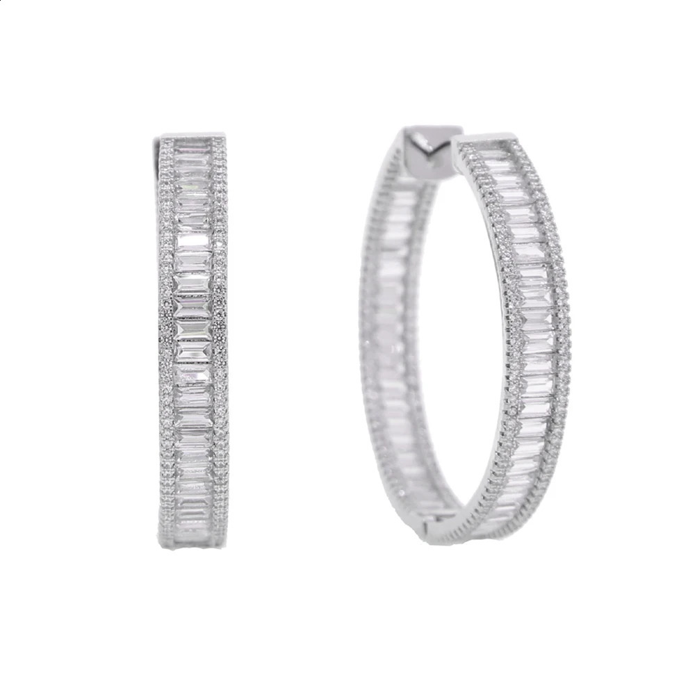 Ice Out Sparkling Rectangular Cubic Zirconia CZ Earrings Classic 45mm Large Circular Ring Earrings Womens Hip Hop Jewelry 250409
