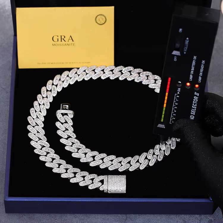 Hip Hop 16mm Wide Baguette Moissanite Diamond 18K Gold Plated Solid Silver Necklace Cuban Link Chain