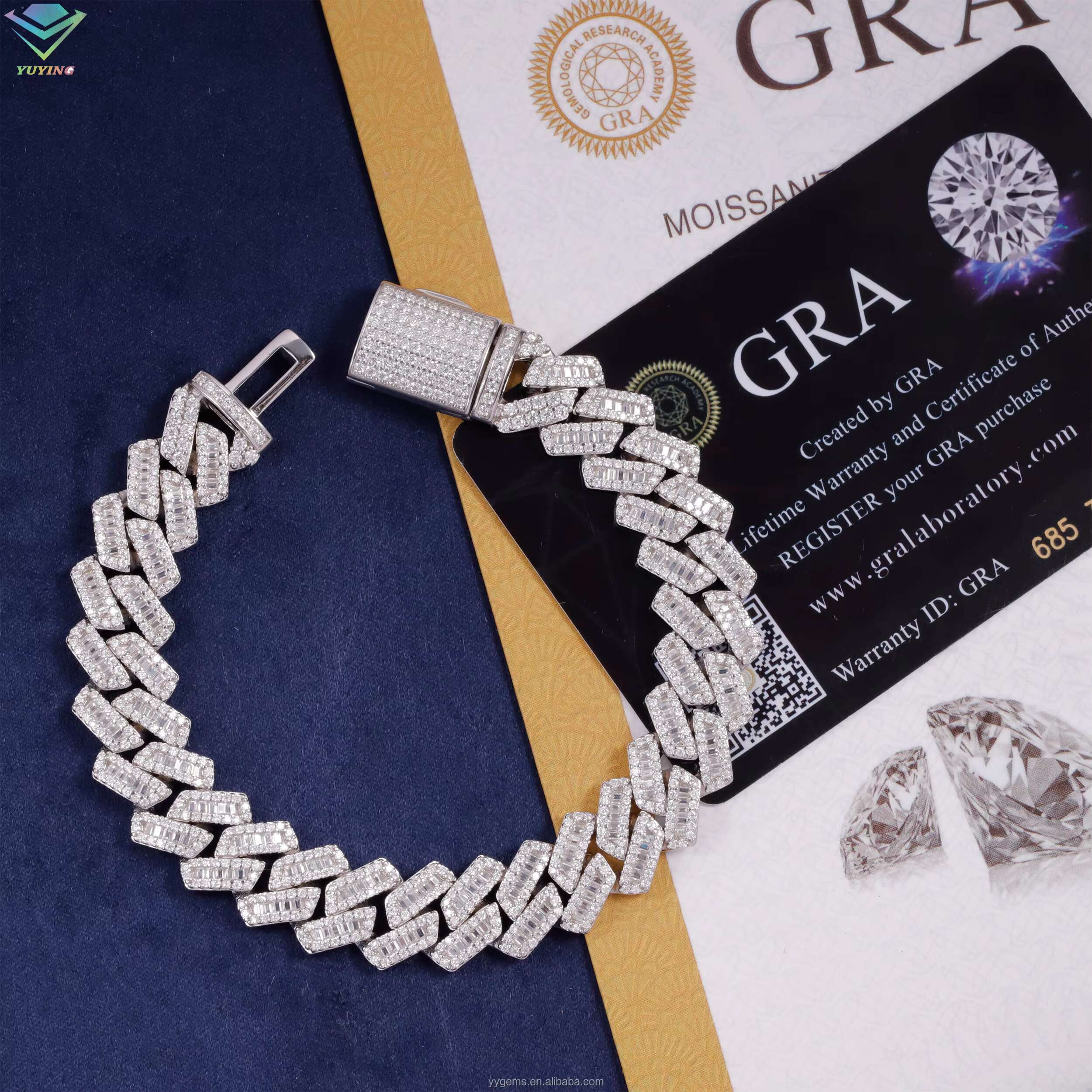 Yu ying VVS Moissanite Bracelet 13mm S925 Silver Hip Hop Bracelet iced out Baguette Moissanite Diamond Cuban Bracelet For Men