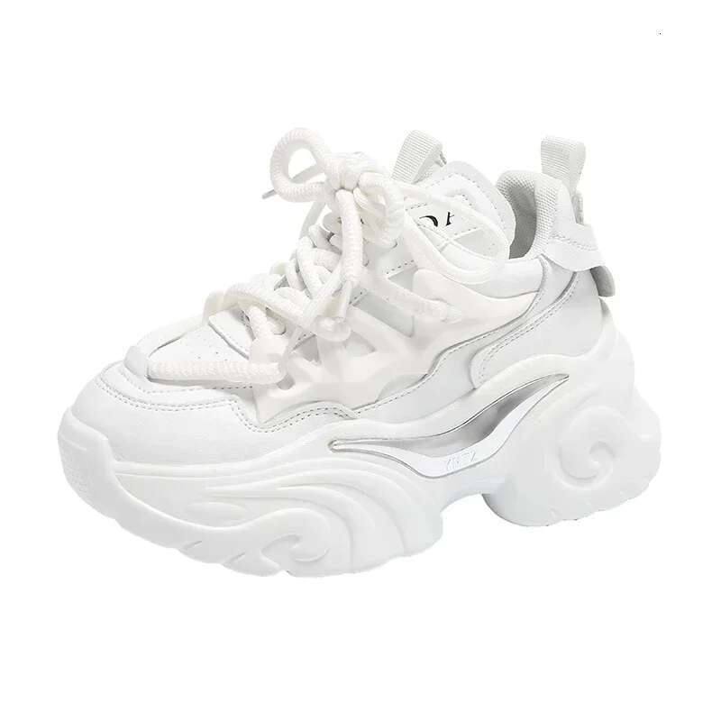2025 New Thick soled Women's Breathable Leather Sneakers High Heels High Platforms Outdoor Sports Designer Fashion Training Shoes White Thick sol