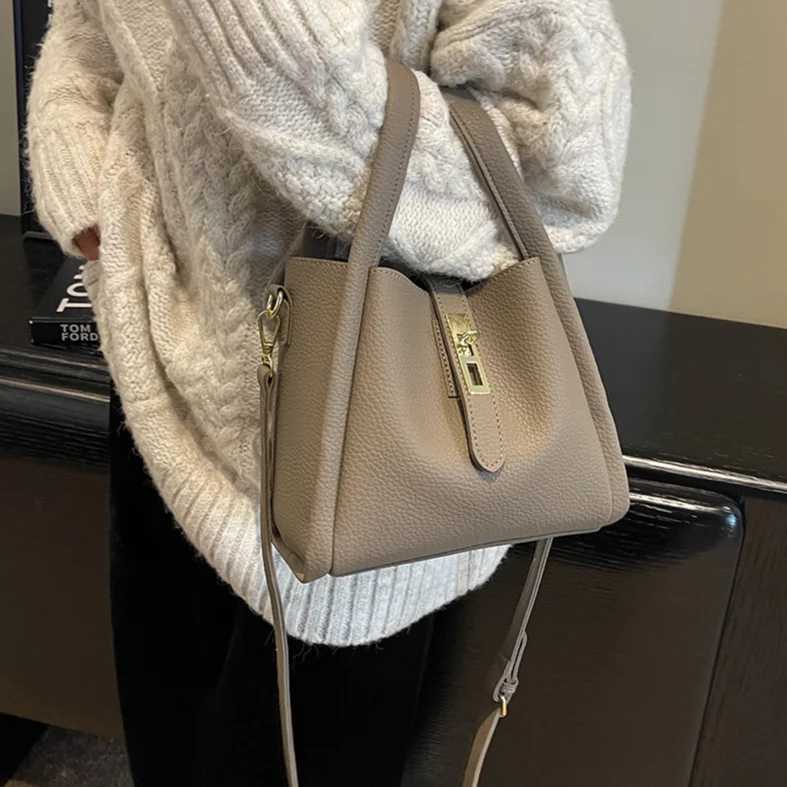 2024 Trend Womens PU Leather Handbag with Inner Bag Magnetic Lock Bucket Bag Double Handle Solid Cross Shoulder BagXJ250412