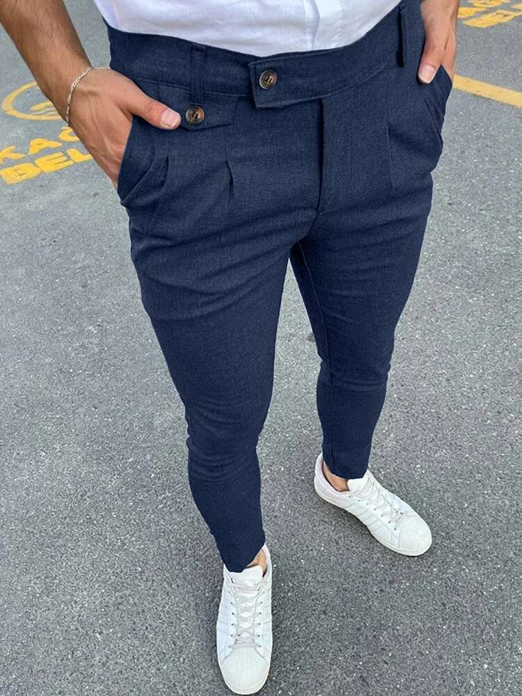 2024 Spring Summer New Casual Suit Men Vintage Solid Color Slim Pencil Pants Fashion Button Waist Design Mens Trousers