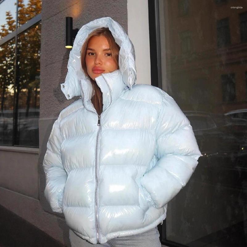 CNLONGBIDA Women's Down Solid Color Shiny Hooded Cotton-Padded Jacket Y2K Aesthetic Puffer Coat Windproof & Waterproof Down Jacket Short Length f