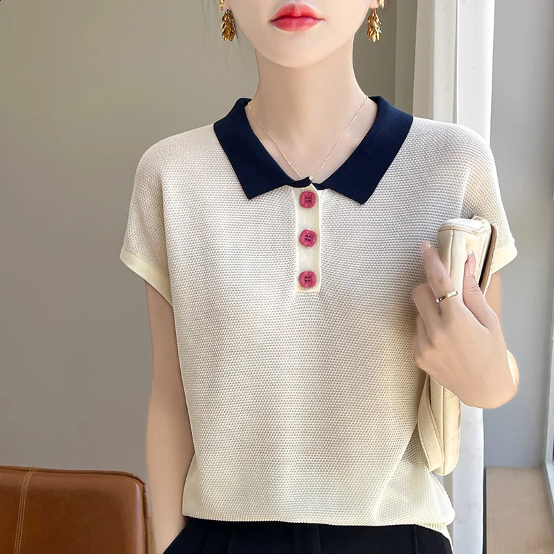 Summer Thin Short-sleeved Womens POLO Neck Knitwear Button Contrast Loose Half Sleeve T-shirt 250411