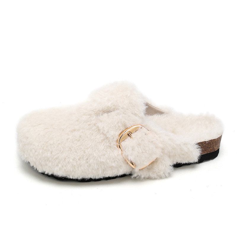 TEEMAZZI designer shoes genuine leather cork sole high quality casual shoes versatile velvet warm cotton slippers for woman black white