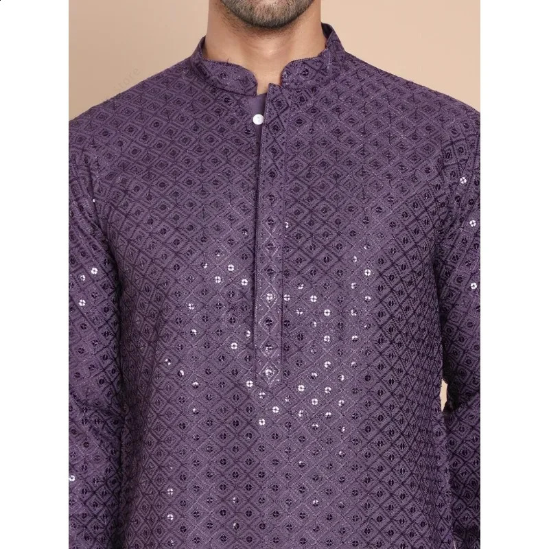 Indian mens Kurta Tunic cotton lightweight long shirt sequins stand up collar wedding festival ethnic costume top 250411