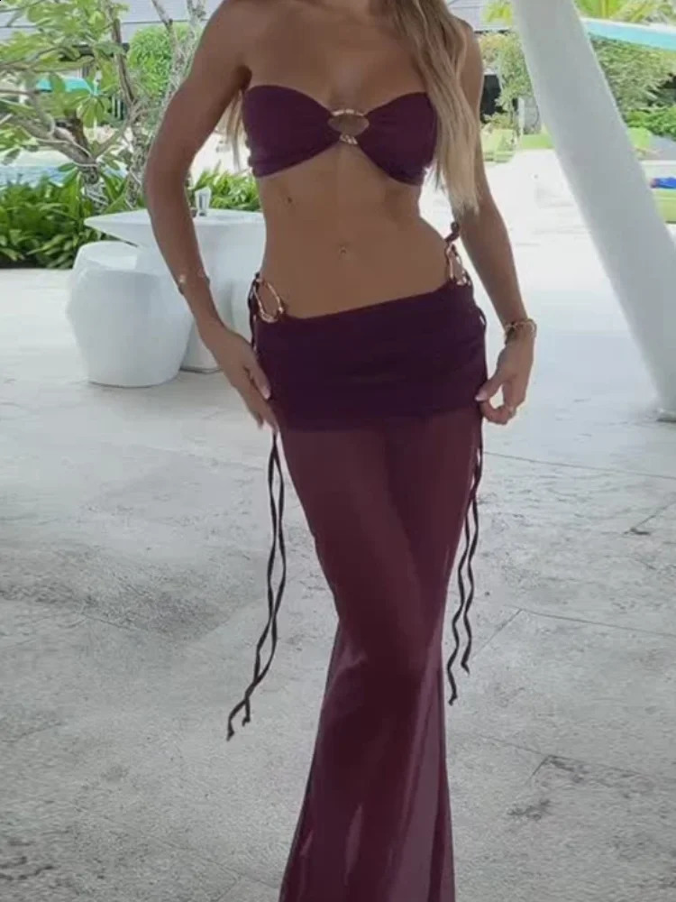 Women Sexy Bikini Set Solid Bikinis fashion hollow out mesh high waist slim long skirts suit female summer holiday beachwear 250411