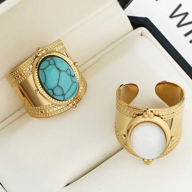 Bohemian turquoise natural stone wide opening ring for women 14K gold-plated stainless steel ring finger ring womens jewelry giftXJ250412