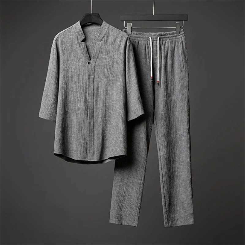 Ice silk linen mens spring/summer 2023 loose floral top and elastic waist Trouser sportswear mens two-piece setXJ250412