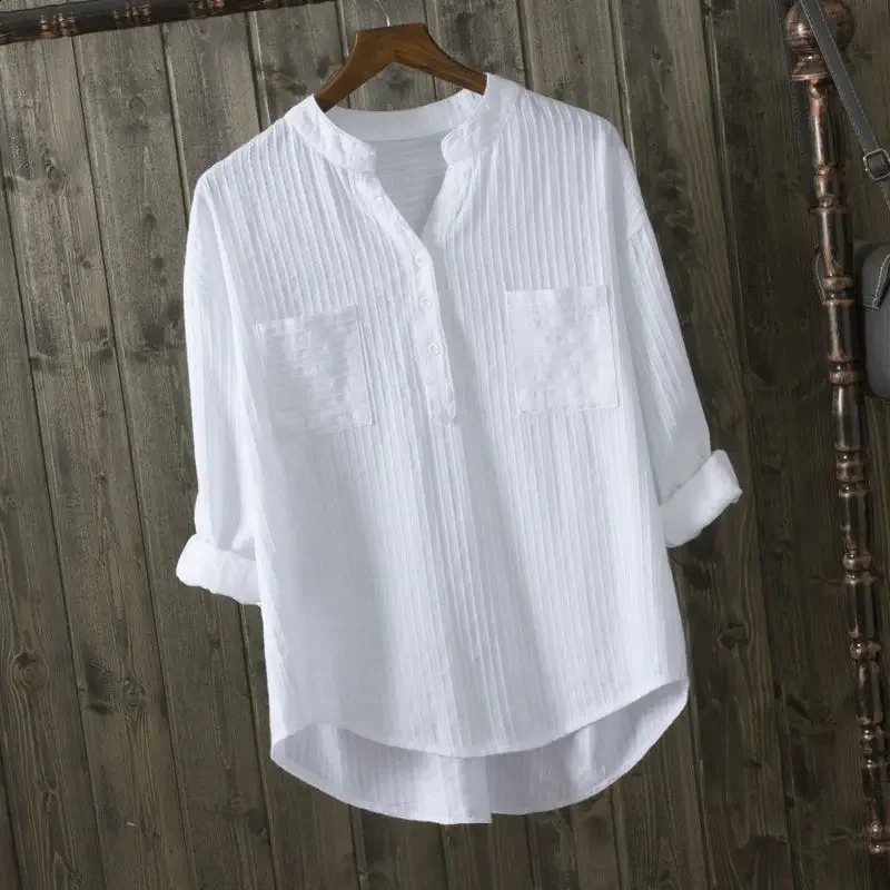 High-End Pure Cotton White Long Sleeve Womens Shirt Loose Casual V-Neck n Outerwear Top Quality Comfortable Fashion 250411