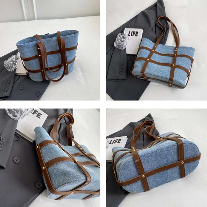 Denim Fashion Stripe Ed Tote Bag Student New Commuting Forest Series Large Capacity Versatile Handbag bags designer handbags Shoulder Bags