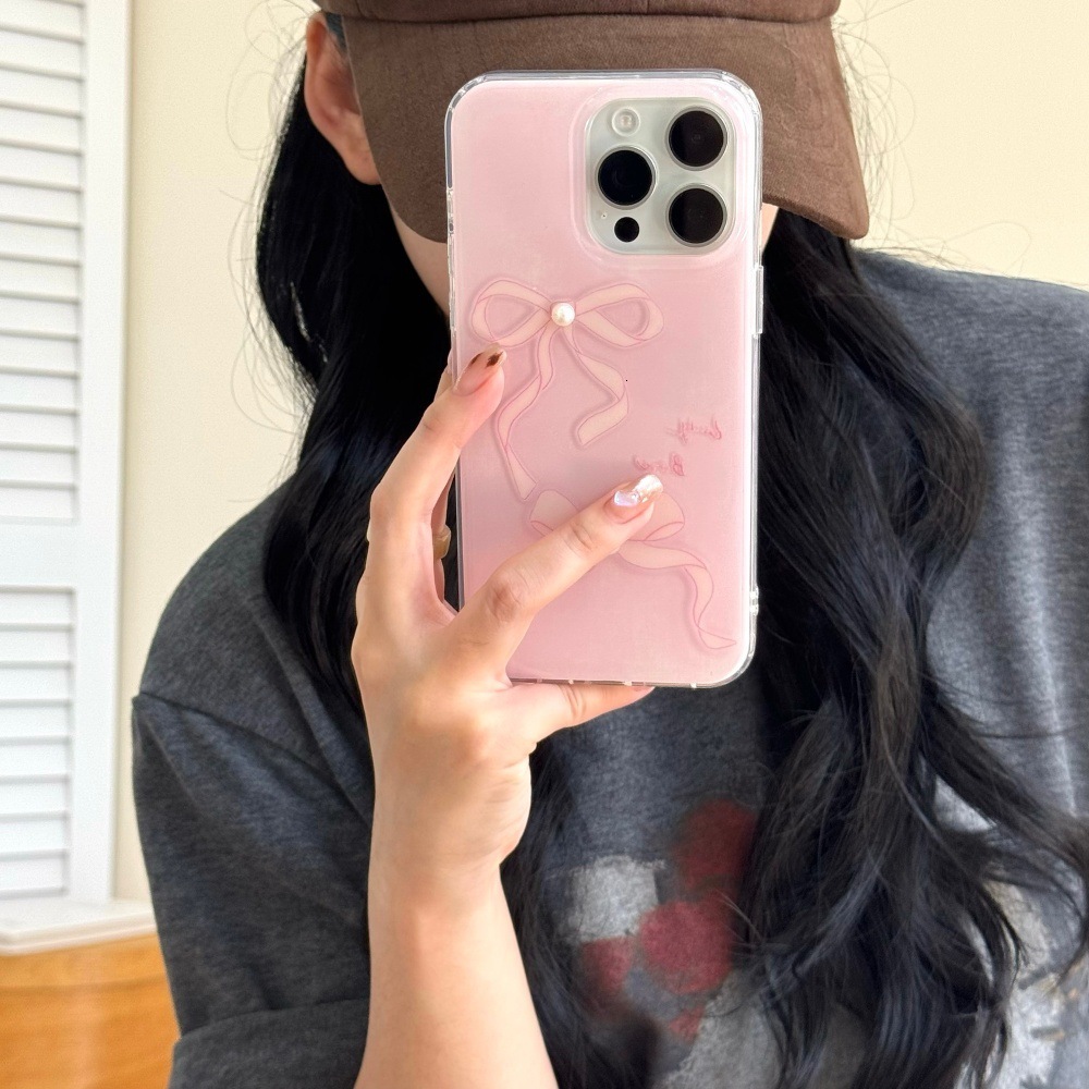 Pink Pearl Bowknot Phone Case Compatible with iPhone 17/16 Pro Max Personalized Protective Cover iPhone 15/14