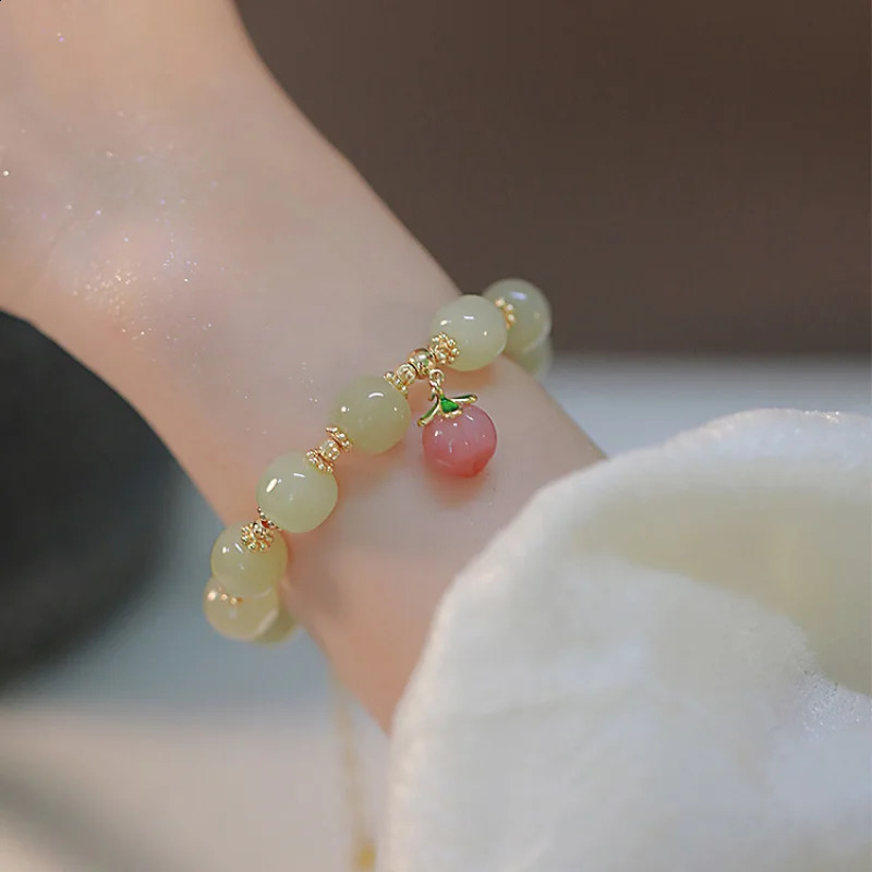 Natural Hetian Jade Bracelet Womens Pink Honey Peach Pendant Bead Bracelet Light Wedding Jewelry 250407