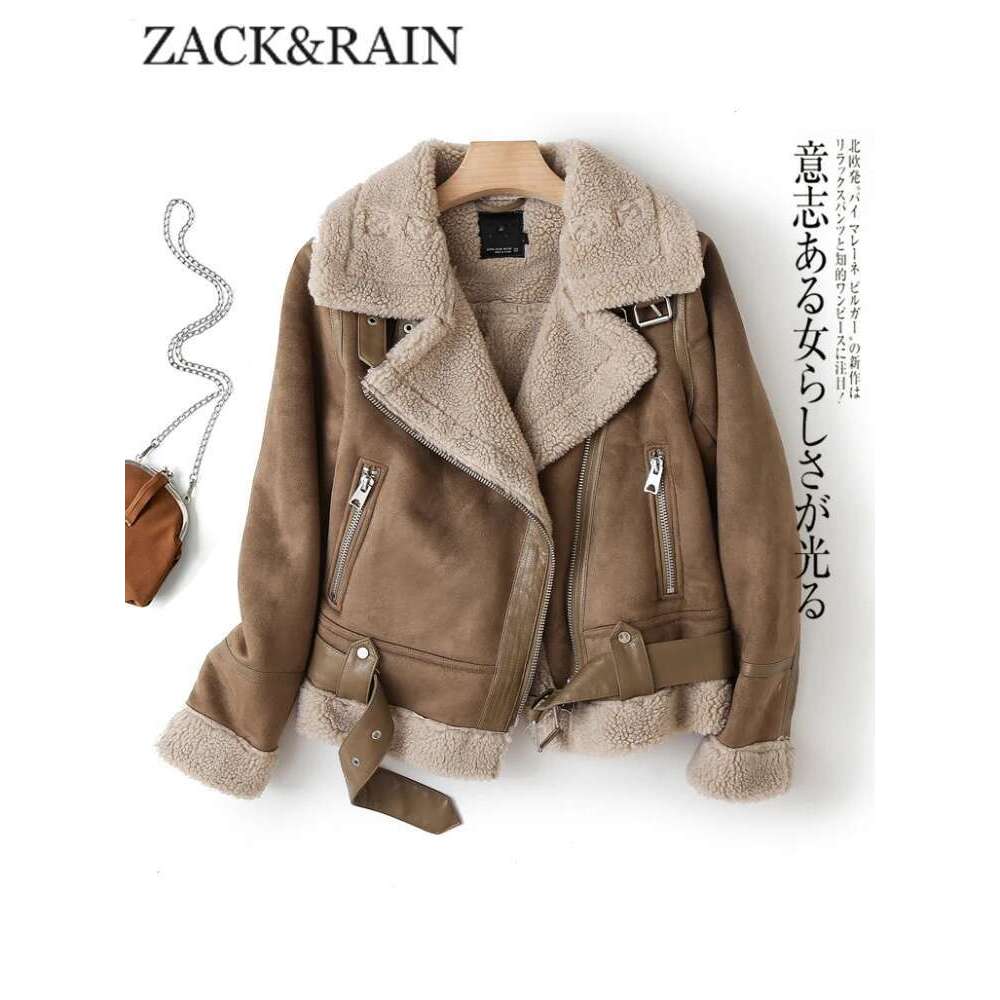 Designer Clothes ZACK RAIN Brown For Women 2023 Winter Vintage Fur Integrated Jacket Lapel Long Sleeves Jackets Female Outwears Chic