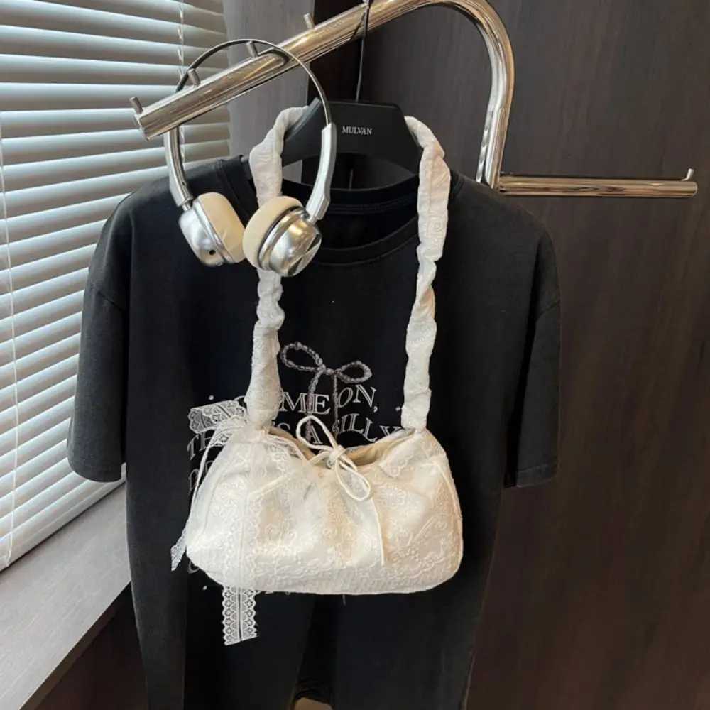 Big Pouch Tote Bag Lace Shoulder Bag With Ribbon Pleated Strap Simple Canvas Handbag Kawaii Simple Large Capacity Bag TravelT2511112