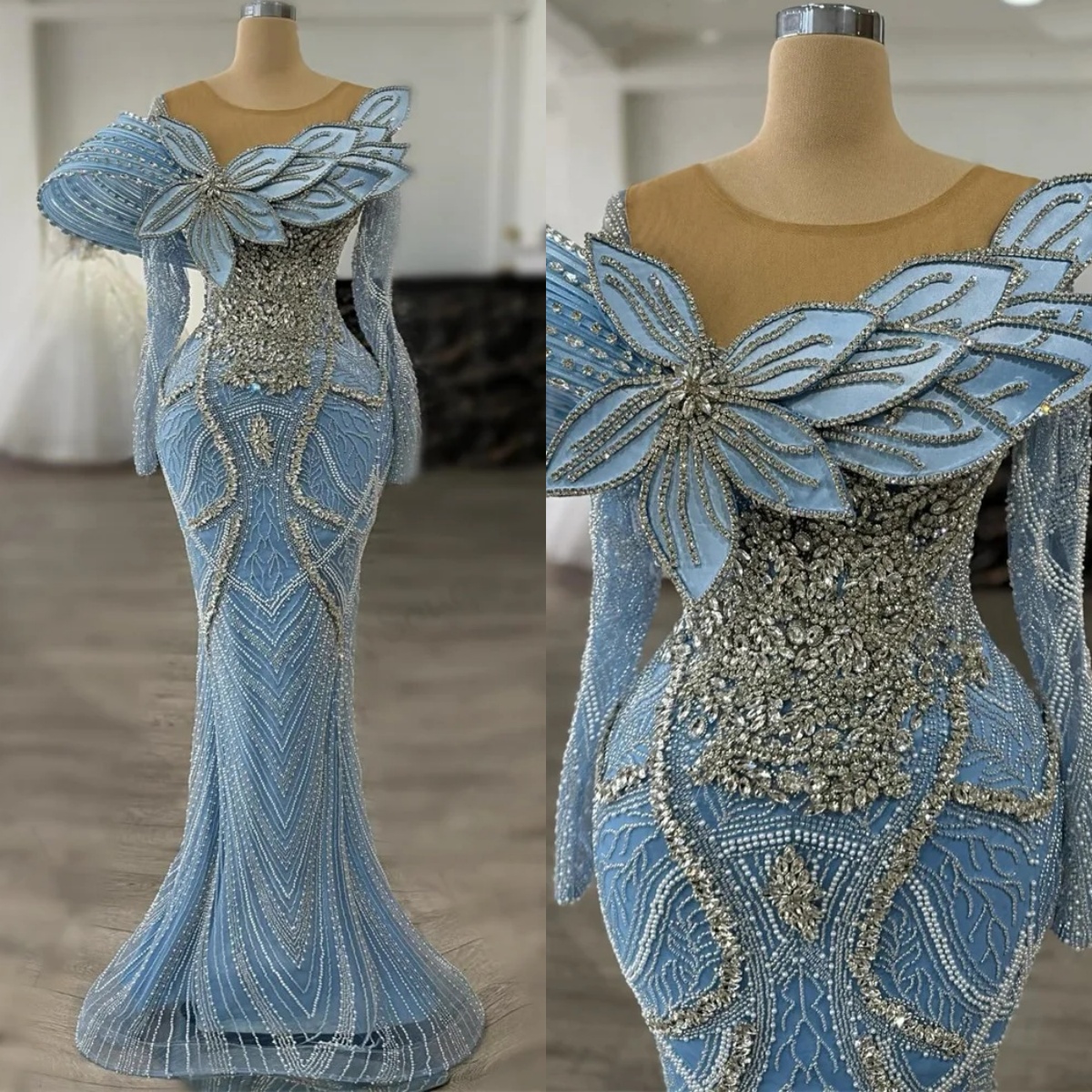 Modern Evening Dresses Crystal Beading Mermaid Prom Gowns Sequins O Neck Sleeves Rhinestone Customized Formal Occasion Plus Size Party Dress Vestidos 