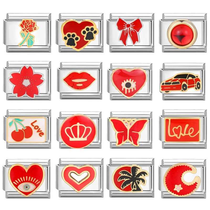 2024 Women Red Glaze Flower Heart Kiss Me Moon Charms Italian Links Fit 9mm Stainless Steel Bracelet Making JewelryC250411