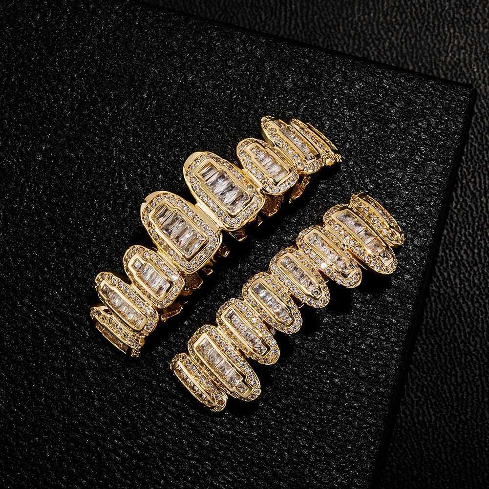 TOPGRILLZ Ice Sparkling Baguette Round Polyester CZ Tooth Matte 8 Top 8 Bottom Teeth Set Vampire Matte Mouth Jewelry W250412