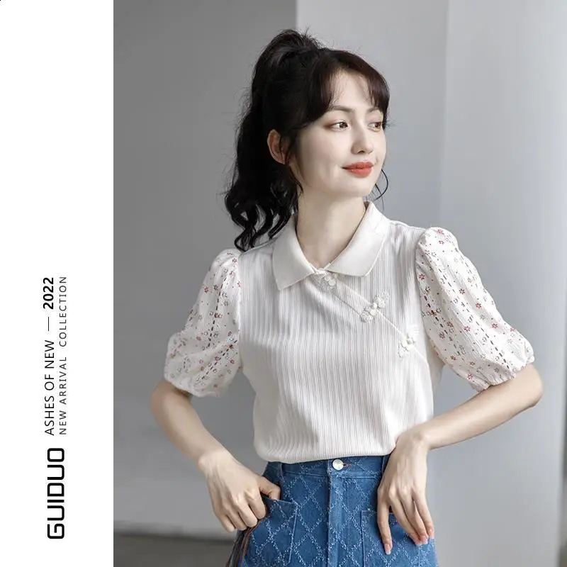 Puff Sleeve Polo Shirt Chinese Top Womens Short-sleeved n Niche Splicing Versatile Shirt 250411