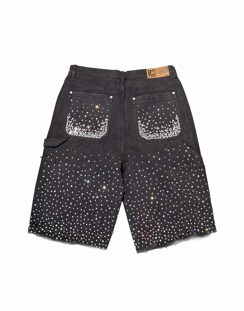 Streetwear Retro Ripped Denim Shorts Men Women Harajuku Hip Hop Punk Twinkle Rhinestone Short Jeans Gothic Brown Baggy Shorts 250411