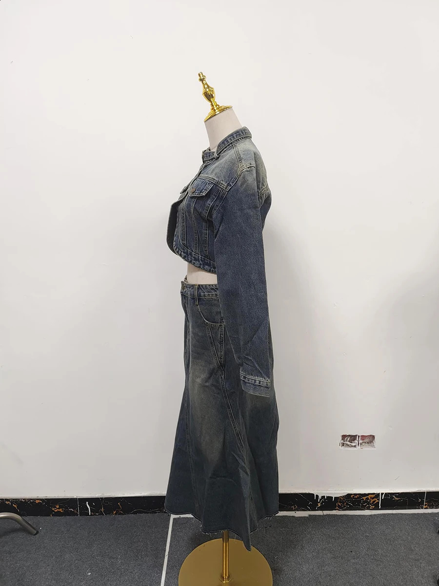 VGH Spliced Denim Two Piece Sets For Women Stand Collar Long Sleeeve Short Top High Waist Back Split Skirt Vintage Suits Female 250411