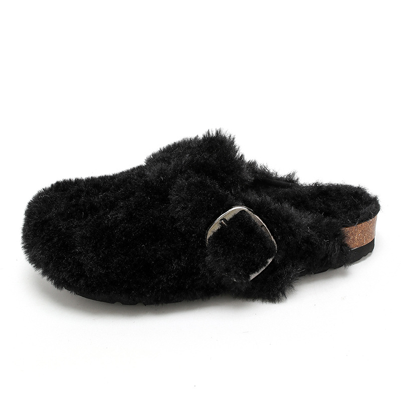 TEEMAZZI designer shoes genuine leather cork sole high quality casual shoes versatile velvet warm cotton slippers for woman black white