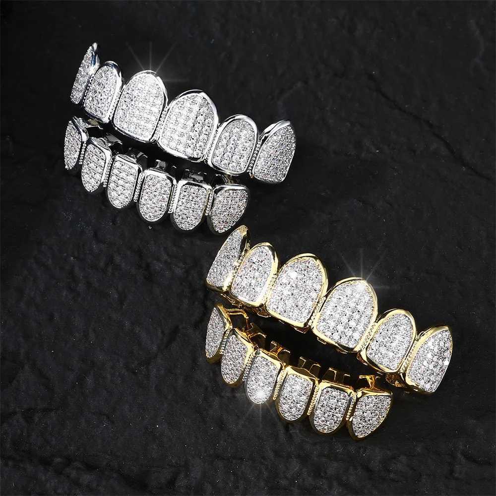 YONGX Hip Hop All Ice CZ Stone Tooth Hat Bracket Top Bottom Gold Silver Shining Zirconia Stone Tooth Grill Body Jewelry W250412