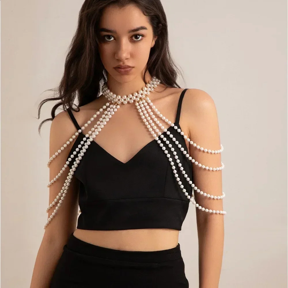 Sexy Imitation Pearl Body Chain for Women Big Necklaces Shawl Female Beaded Collar Shoulder Sweater Long Chain Bridal Jewelry 250407