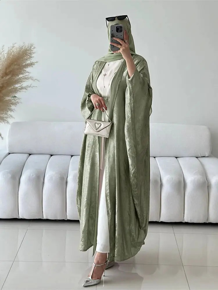Ramadan Eid al Fitr Shining Batwing Satin Open Kimono Abaya Damen Dubai y Islamic Muslim Kaftan Womens Caftan Marocain 250411