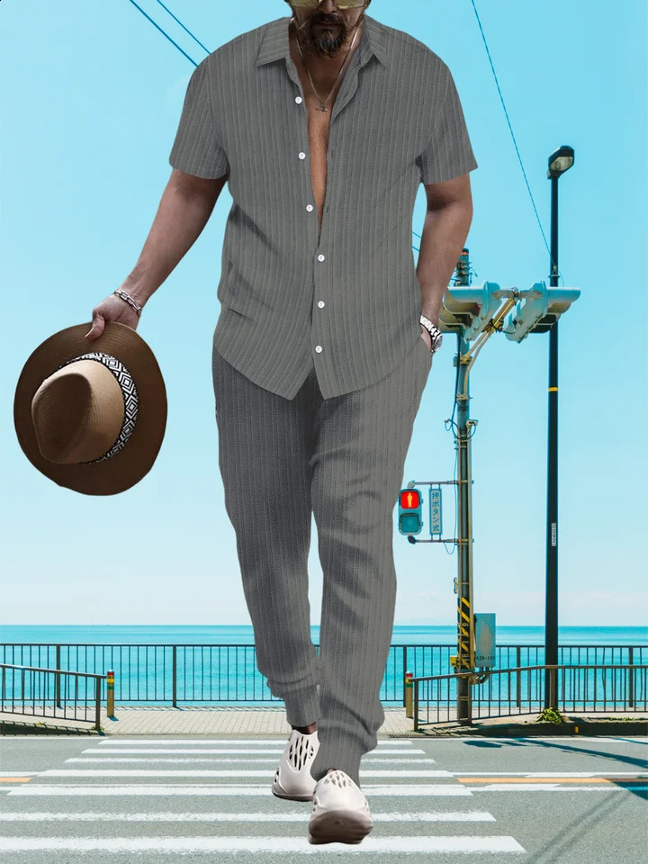 Ultra thin and lightweight summer mens casual loose short sleevedTrousers beach set casual solid color lapel set 250411