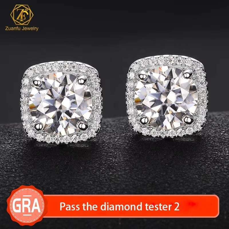 Dropshipping Square Shape 6.5mm 8mm Real Moissanite Earring Screw Back 1CT 2CT 925 Silver Ice Out Stud Earring for Women