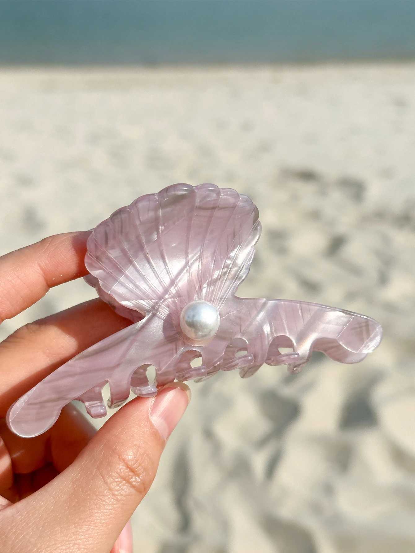 Elegant shell shaped acetic acid hair clip light purple medium-sized hair clip set with large pearls striped Pat Y2504012