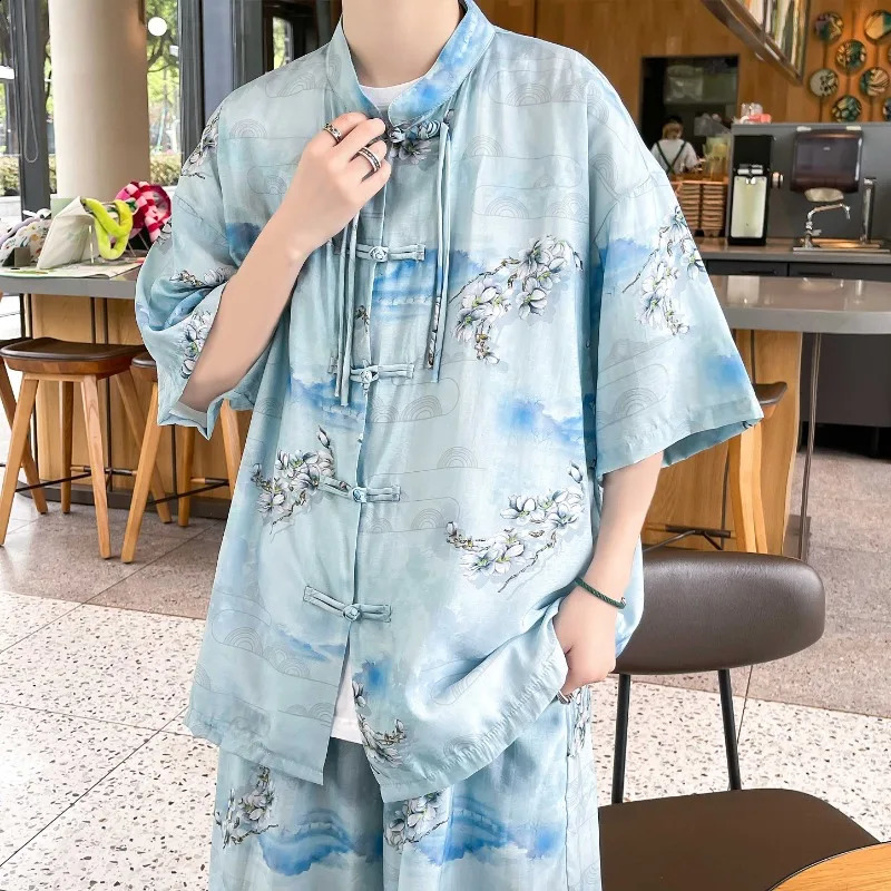 Chinese Style Casual Sets Men Summer Loose Set Short Shirts Shorts Plus Size 5XL Men Fashion Print Tracksuits Mens Clothing 250407