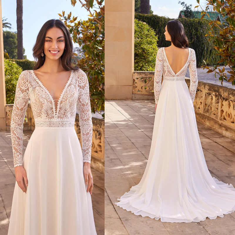 Summer Boho A Line Wedding Dress Lace Appliques Long Sleeve Bridal Gowns Customized Beach Backless Bride Dresses