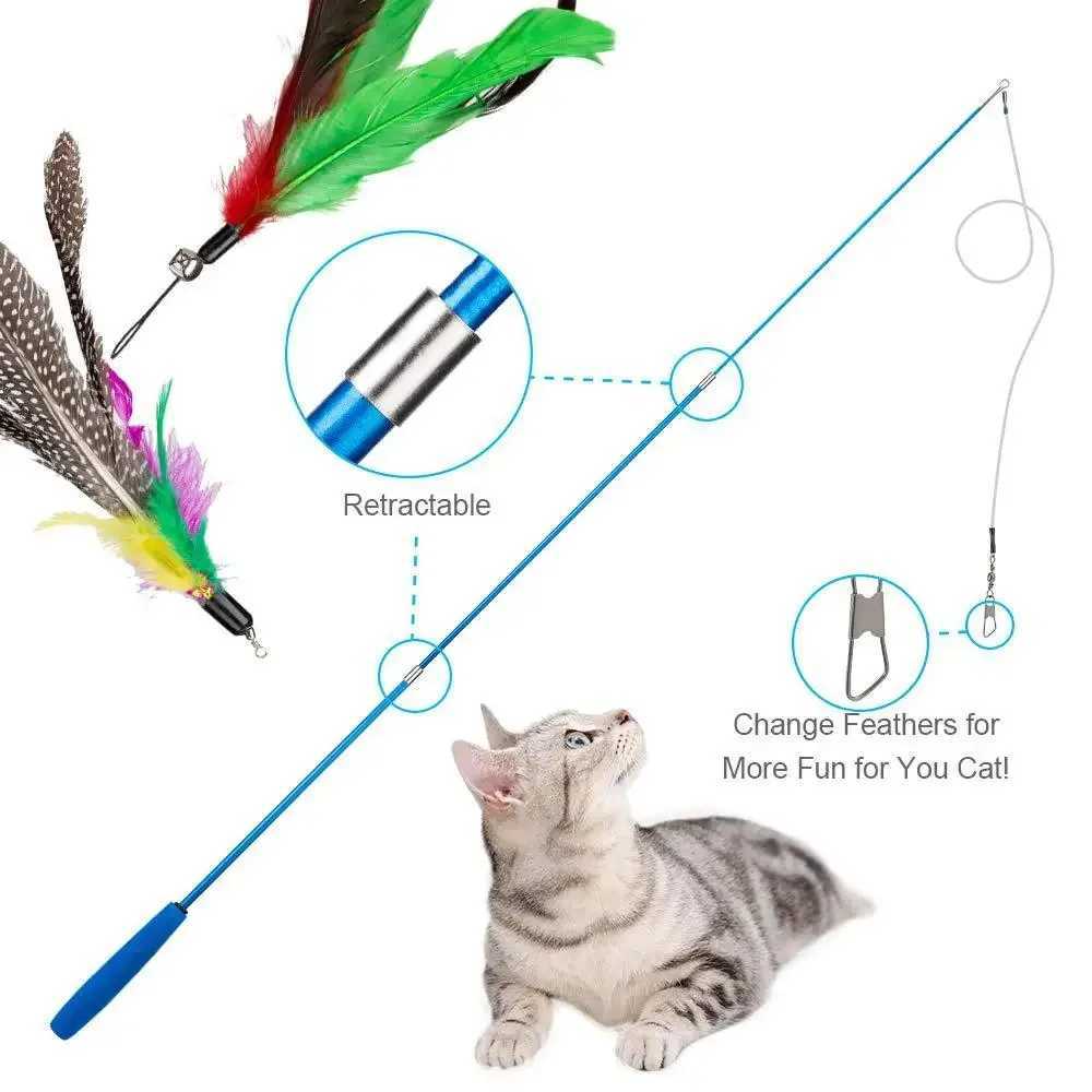 12 piece pet toy set of interactive feather toys for cats with bells replaceable head teasers boring indoor cat chasing and exercise Y250412