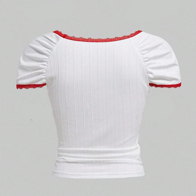Y2k Cute Lace Decorative Short Sleeve Womens Tailored Top Korean Fashion Slimming T-shirt Cherry Print Tight corset Basic T-shirt 250410