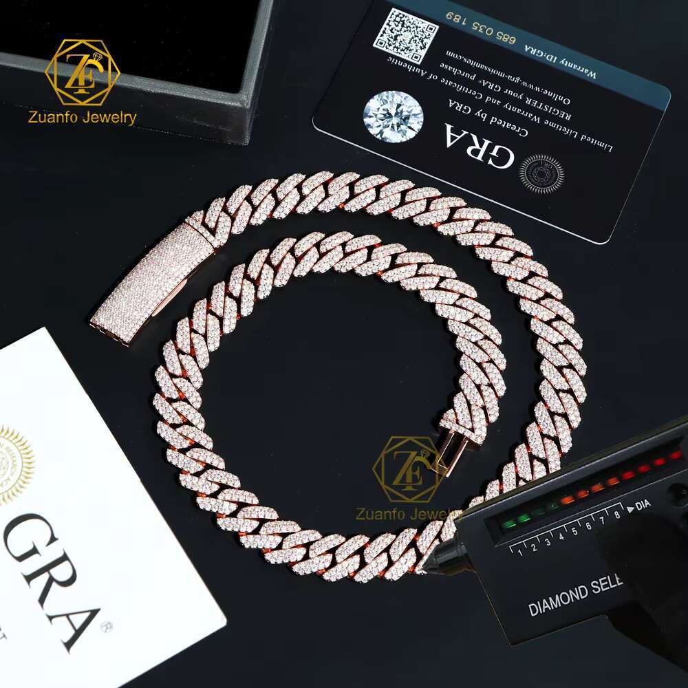 VVS Diamond Moissanite Necklace with Cuban Link Chain 2 Rows Sizes 8mm 10mm 12mm 15mm S925 Silver Bent Buckle Hiphop Jewelry