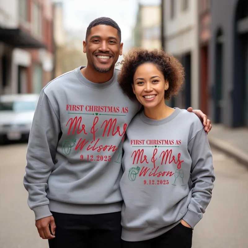 POD customization Custom Couples Christmas Sweatshirts Merry and Married First Christmas As Mr and Mrs Custom Gift for Newlyweds Couples HoodieT251112