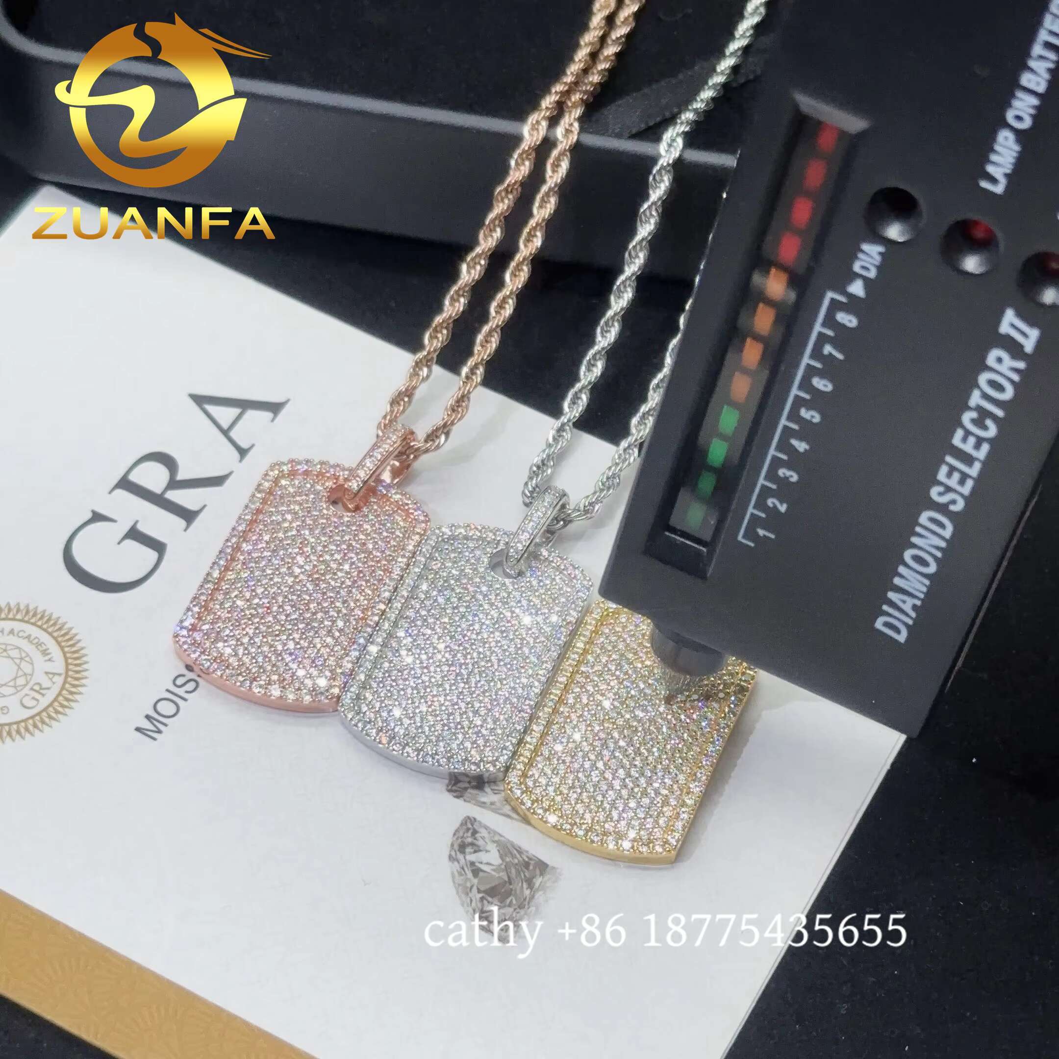 Ready to Ship Moissanite Hip Hop Jewelry Tag Iced Out Pendant Sterling Silver 925 Moissanite Dog Tag Pendant With Rope Chain