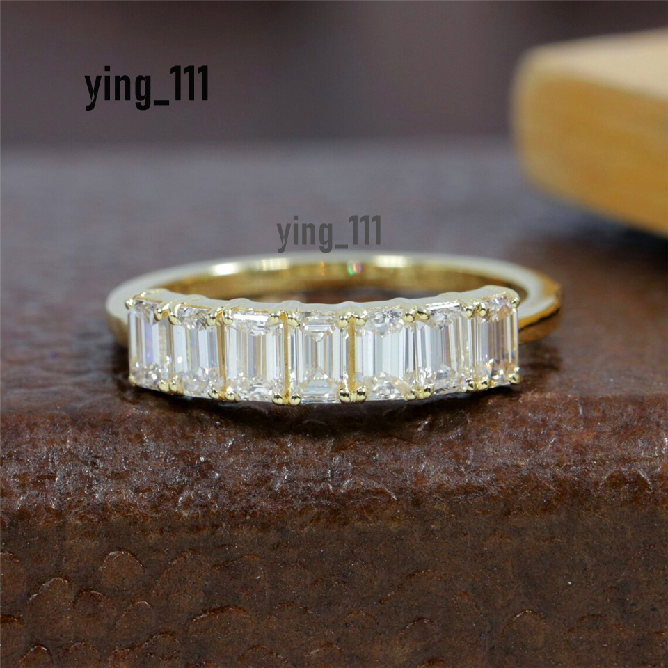 Jewelry 18K Yellow Gold 7 Stones 4*3mm Emerald Cut Lab Diamond Half Eternity Band Women Wedding Ring 14K HPHT Lab Diamond Women Ring