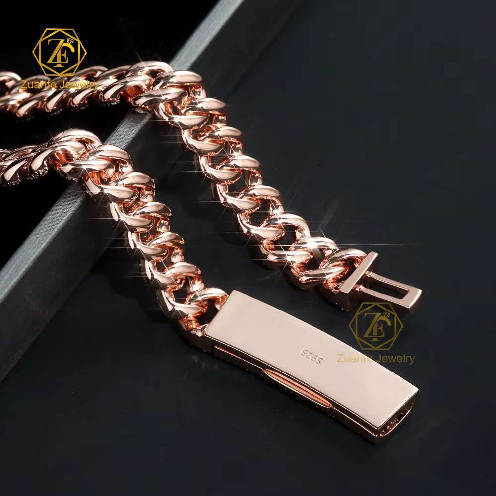 VVS Diamond Moissanite Necklace with Cuban Link Chain 2 Rows Sizes 8mm 10mm 12mm 15mm S925 Silver Bent Buckle Hiphop Jewelry