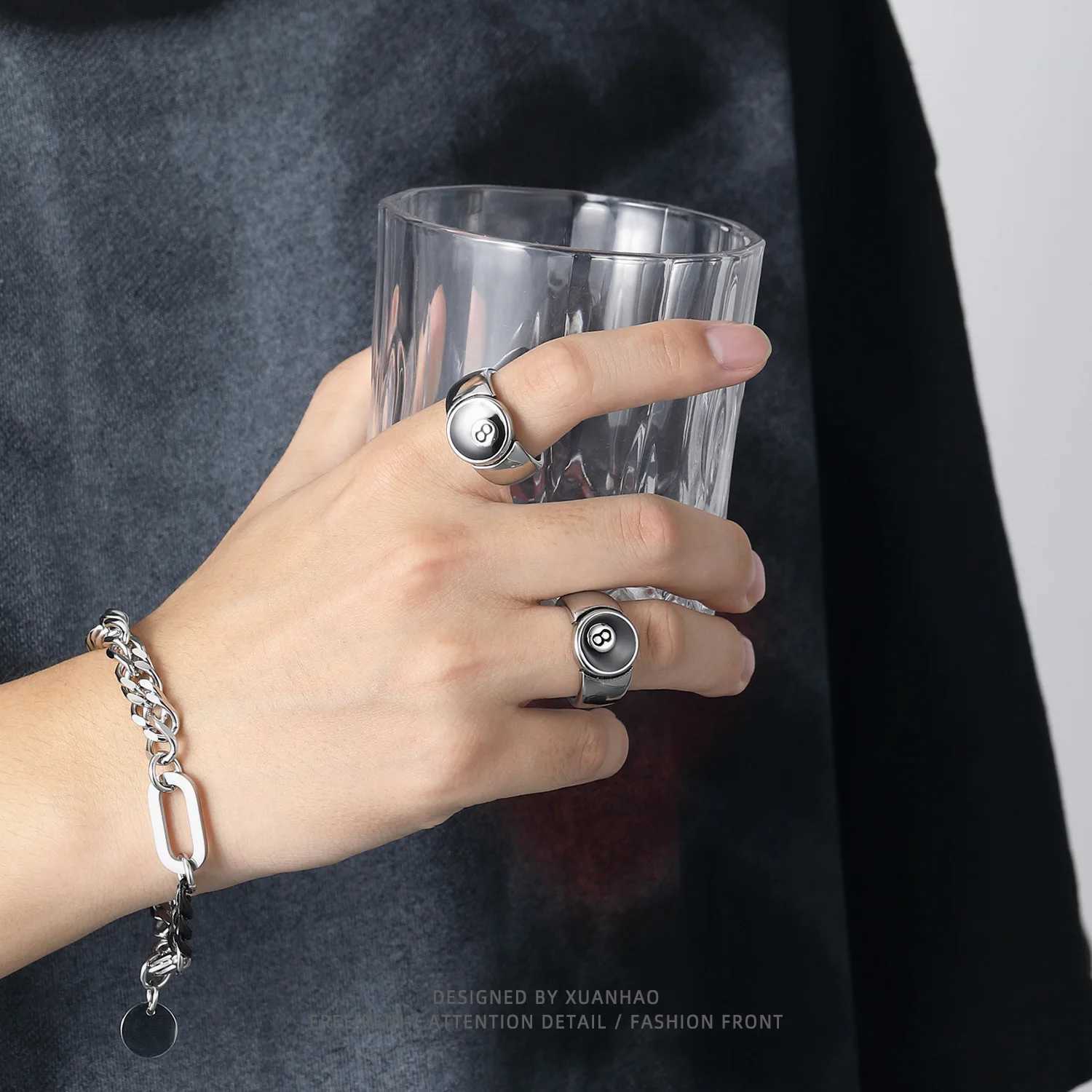 Punk Billiards Digital Black 8-Ball Ring Metal Alloy Open Adjustable Ring Fashion Hip Hop Rock Mens Jewelry GiftXJ250412