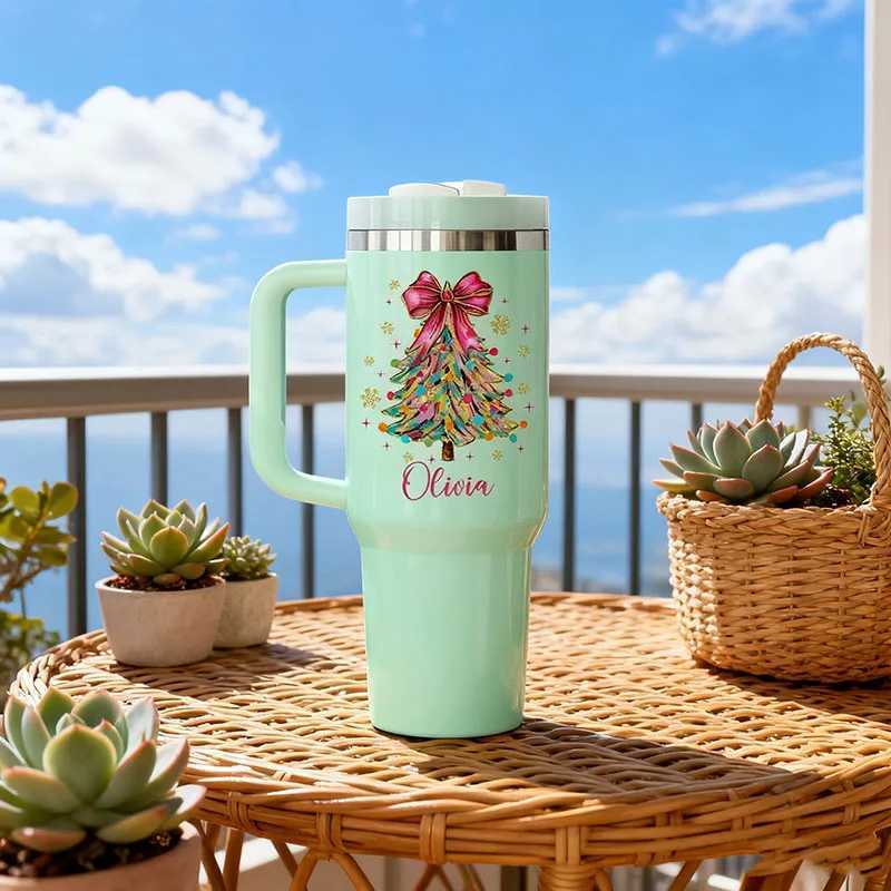 Christmas Christmas Insulated Tumbler Custom Name Faux Glitter Christmas Tree And Bow Trendy Coquette Tumbler Ideal Holiday Gift Y251112