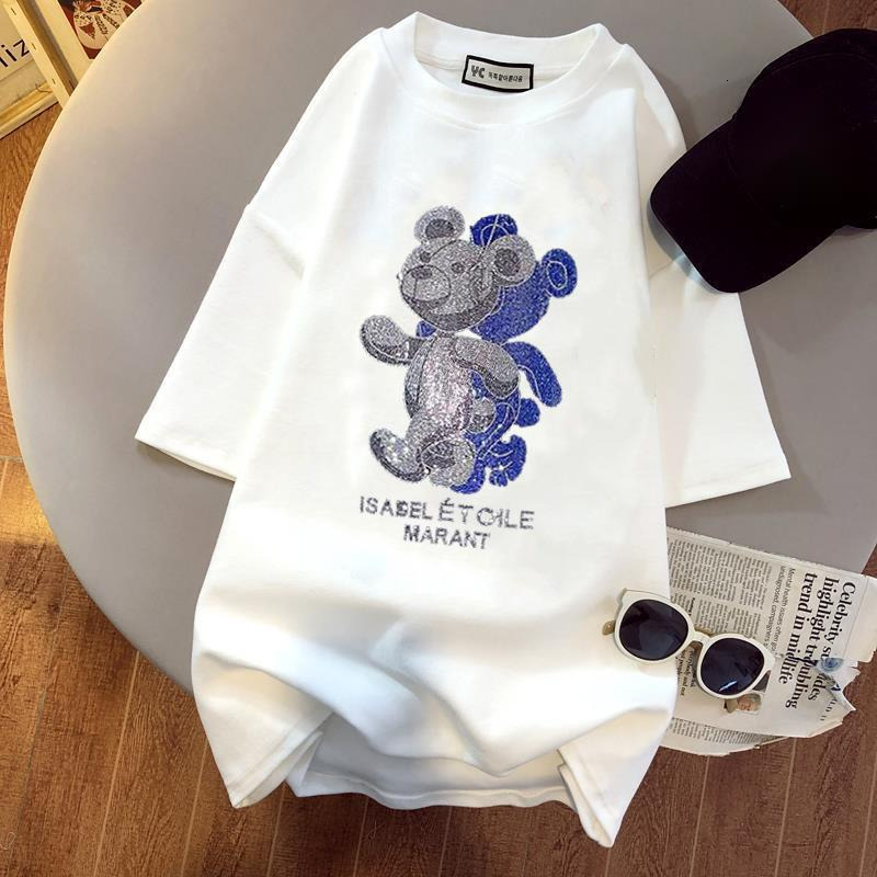 Designer Women's New Summer T-shirt Black And White Heavy Industry Hot Diamond Cotton Teddy Bear Short Sleeve Top Outdoor Casual Fashion Black Wo