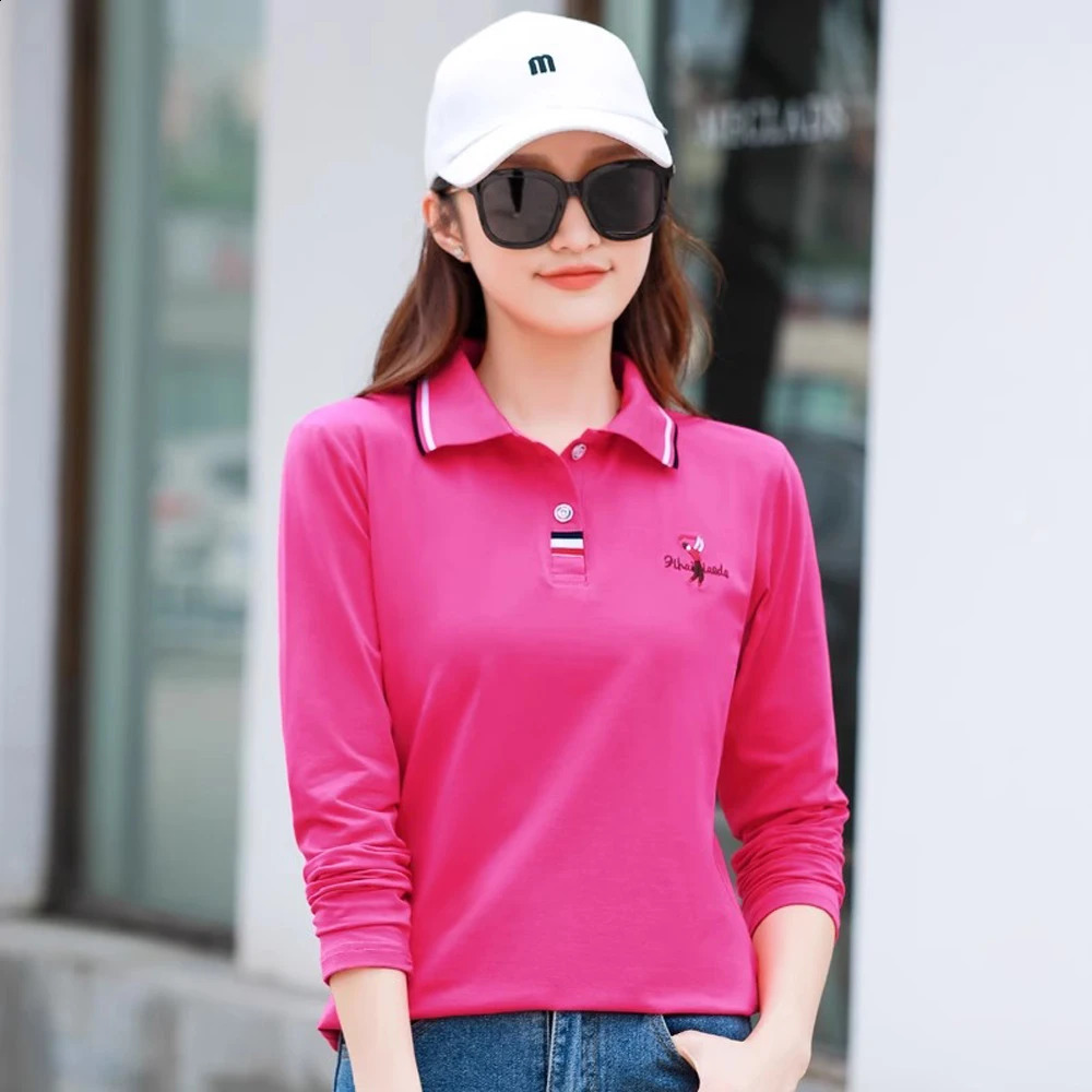 European Station Polo Neck Long sleeved T-shirt Womens Summer High end Pure Cotton Loose Fashion Casual Large Top 250411